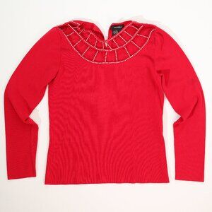 Radzoli Red Long-Sleeve Top with Beaded Cut-Out Neckline